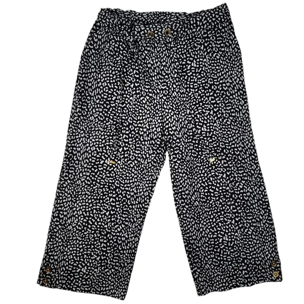 Michael Kors Women’s Cropped Pants Size L Black White Animal Print Drawstring